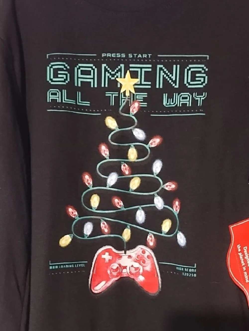 Holiday Time Black Long-Sleeve 'Gaming All The Way' Tee with Colorful Lights.
